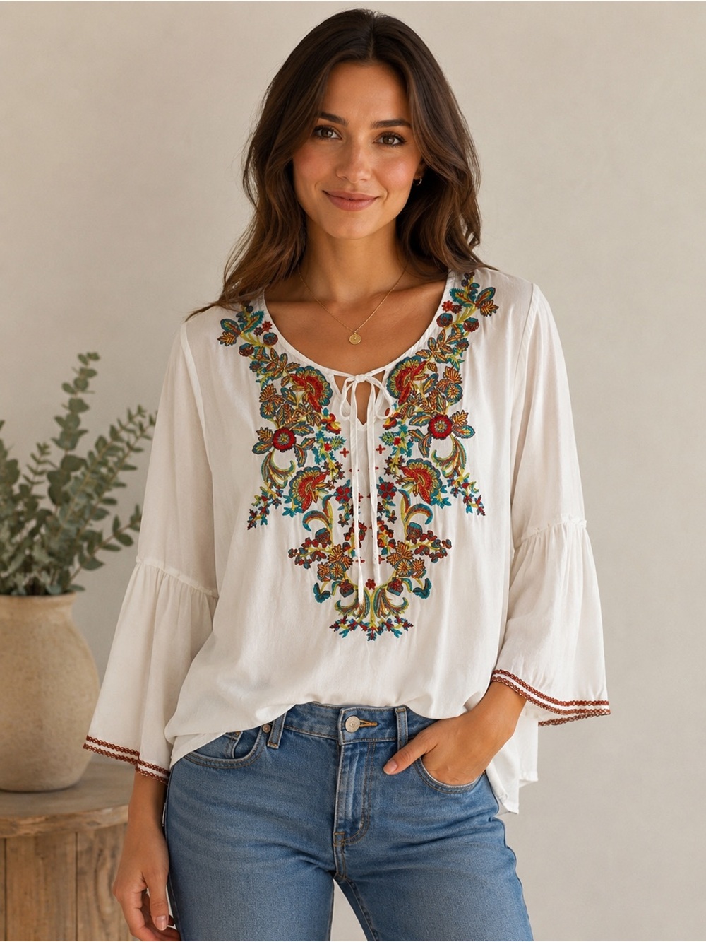 Solitaire White Tunic Top with Multicolor Embroidery